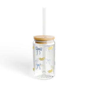 Sipper Glass, Summer Lemon Bow Design, 16oz - Drinking Cup, Glassware, Tea Lover Gift, Kitchen Decor, Blue Lemon Theme Glass