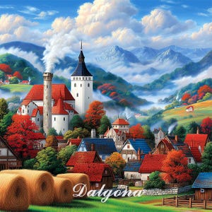 Könnte beinhalten: Eine malerische Dorfansicht mit rotbedachten Häusern, einem hohen weißen Turm und sanften Hügeln unter einem bewölkten Himmel. Das Wort "Dalgona" ist kursiv geschrieben. Heuballen befinden sich im Vordergrund.