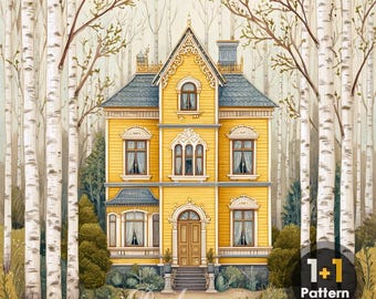 Huis in het bos kruissteekpatroon, volledige dekking (pdf-download)