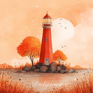 Puede incluir: Pintura a la acuarela de un faro rojo sobre una isla rocosa, con árboles en colores otoñales. El cielo es de un naranja cálido y hay pájaros volando. La palabra "Dalgona" está escrita abajo.
