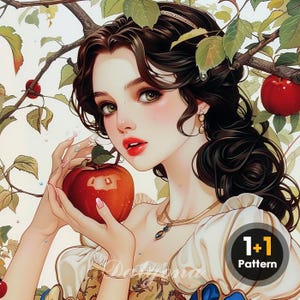 Puede incluir: Ilustración de una mujer con cabello largo y oscuro sosteniendo una manzana roja. Lleva un vestido blanco y dorado con detalles azules y un collar. La imagen tiene un tema de cuento de hadas, con ramas y hojas en el fondo.