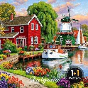 May include: A vibrant painting depicting a Dutch village. A red house with white detailing is next to a canal with a white and green boat. A windmill and sailboat are in the background. The word "Dalgona" is visible.