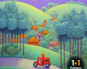 Vietnam Village Cross Stitch Pattern, Full Coverage Embroidery (PDF Download)