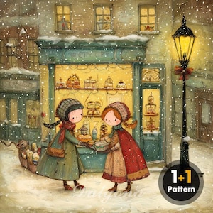 Puede incluir: Ilustración de dos niños frente a una panadería nevada. La panadería tiene una exhibición de pasteles y bollería. Una farola con un lazo rojo está a la derecha. Está nevando.