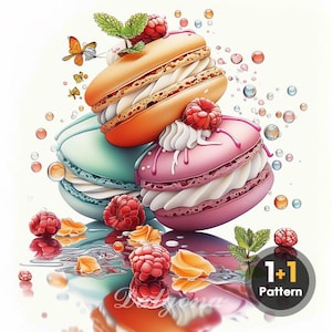 Op de afbeelding: Een illustratie van drie kleurrijke macarons die op elkaar zijn gestapeld. De bovenste macaron is oranje, de middelste is turquoise en de onderste is roze. Elke macaron is gevuld met witte crème en gegarneerd met een framboos. Vlinders en bellen zweven rond de macarons.