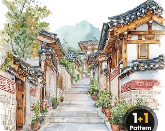 DAL0117 Bukchon Hanok Village in Seoul PDF cross stitch pattern full coverage (Instant Download)