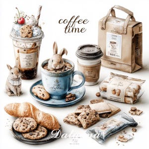 May include: Watercolor illustration of a coffee-themed still life. Features a rabbit in a teacup, iced coffee, cookies, a paper bag, and a to-go coffee cup. The words "coffee time" are written in cursive.