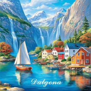 May include: A colourful painting of a coastal village with houses, waterfalls, and a sailboat on the water. The word "Dalgona" is written in cursive at the bottom. Mountains and trees frame the scene.