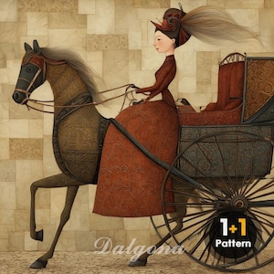 Puede incluir: Ilustración de un carruaje tirado por caballos con una mujer con un vestido rojo. El caballo es marrón con arneses decorativos. El carruaje es oscuro con un interior rojo. El fondo es de color neutro texturizado. La imagen tiene el texto "Dalgona" y "1+1 Pattern".