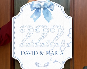 Custom Dorm Door Sign, Personalised Chinoiserie Room Number Plaque, Blue Floral Room Number Plaque, Elegant College Dorm Decor