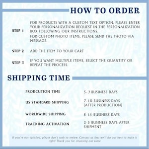 May include: A light blue graphic with the text "HOW TO ORDER" and instructions for ordering products. The steps include entering personalization requests, adding items to the cart, and selecting quantities. Shipping time details are also provided.