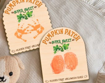 Halloween Footprint or Handprint Art Sign, Bumpkin Patch, My Little Boo Sign, Baby’s First Halloween Footprint Keepsake, Wooden Kid Craft