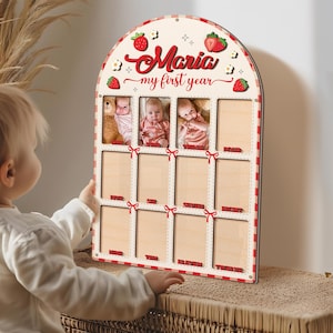 Baby First Year Picture Frame, Strawberry Baby Photo Frame, Monthly Milestone Frame, Newborn Memory Keepsake, Baby Shower Gift, Birthday
