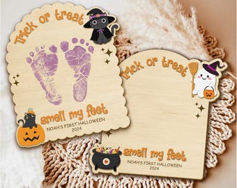 Halloween-Fußabdruck oder Handabdruck-Kunstzeichen, Süßes oder Saures, My Little Boo-Zeichen, Babys erstes Halloween-Fußabdruck-Andenken, hölzernes Kinderhandwerk
