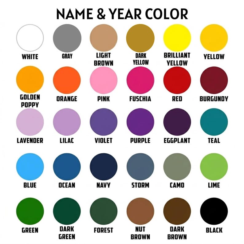 May include: A color chart with the text "NAME & YEAR COLOR" at the top. The chart displays a variety of color swatches, each labeled with a color name, including white, gray, and black. The colors are arranged in rows and columns.