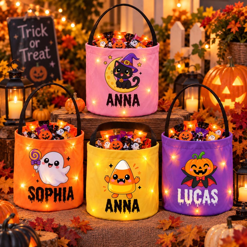 Personalized LED Halloween Candy Bucket, Custom Name Light up Trick or ...