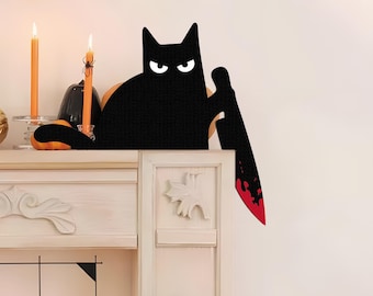 Cat With Knife Door Corner, Funny Black Cat Decor Sign, Door Frame Decor, Halloween Door Corner Wood Sign, Cat Door Topper, Christmas Gift