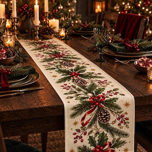 May include: A cream-colored table runner featuring a repeating holiday print of green pine branches, brown pinecones, red berries, and small gold stars. The runner is centered on a dark wooden table, decorated with festive greenery and red ribbons.