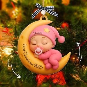 Custom Baby First Christmas Ornament, Moon Sleeping Design, Baby Shower Gift, New Parent Gift, 2D flat Baby Ornament