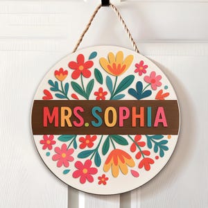 Aangepaste 3D leraar deurhanger, cadeau voor leraar, bloemen leraar naam deurhanger, klasdecor, terug naar school cadeau, welkomstbord leraar