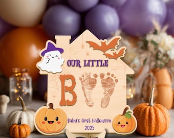 Halloween-Fußabdruck oder Handabdruck-Kunstzeichen, Süßes oder Saures, My Little Boo-Zeichen, Babys erstes Halloween-Fußabdruck-Andenken, hölzernes Kinderhandwerk