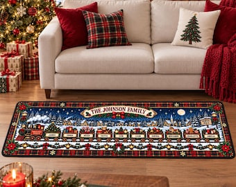 Personalized Christmas Train Runner Rug, Custom Family Name Holiday Carpet, Festive Entryway Decor, Christmas Home Gift