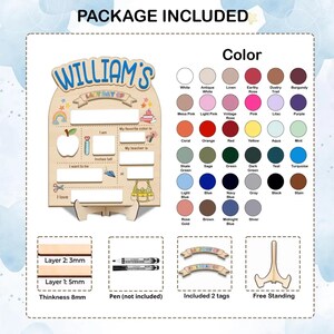 May include: Wooden sign with the text "WILLIAM'S LAST DAY OF" and space to write. Includes a rainbow, apple, and school bag graphic. Features a color chart and a stand for display.