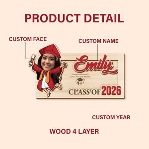 May include: A wooden graduation frame with a cartoon illustration of a graduate in a red cap and gown. The frame includes the name "Emily", the text "Class of 2026", and the words "Congratulations!!! Love, Joe and Sherril".