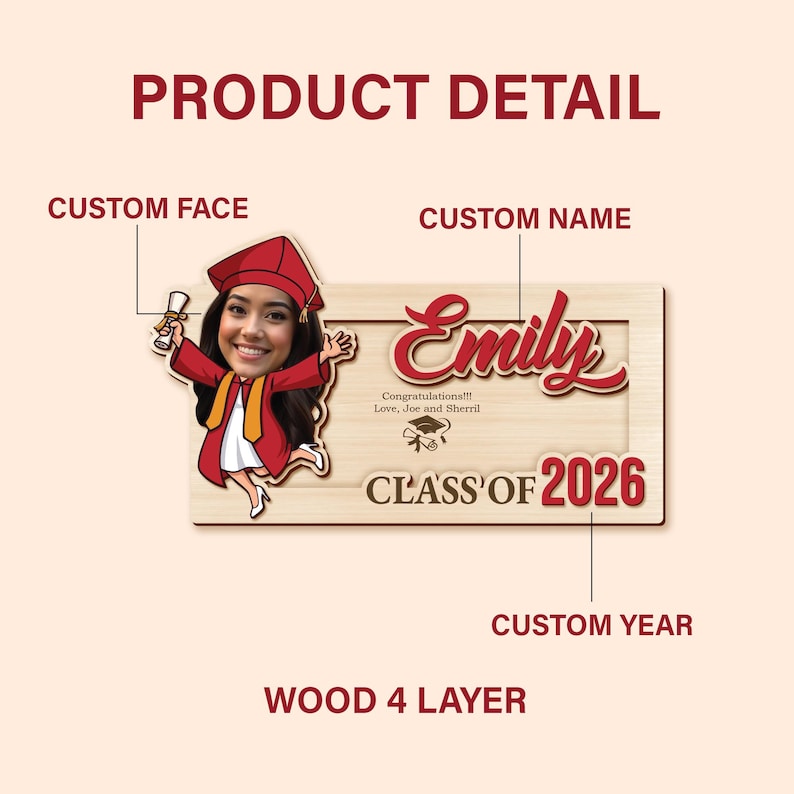 May include: A wooden graduation frame with a cartoon illustration of a graduate in a red cap and gown. The frame includes the name "Emily", the text "Class of 2026", and the words "Congratulations!!! Love, Joe and Sherril".