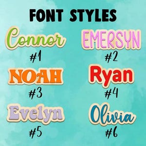May include: Wooden name cutouts in various font styles. The names Connor, Noah, Evelyn, Ryan, Olivia, and Emersyn are displayed in different colors and fonts. The text "FONT STYLES" is at the top of the image.