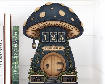 May include: A whimsical mushroom-shaped wooden house with the number "125" displayed. The house features a wooden door, the text "SOPHIA'S LIBRARY", and decorative vines and butterflies. The mushroom cap is dark blue with tan spots.