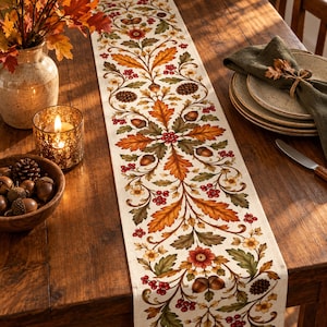 Höstlöpare av eklöv, ekollonbärsblommor för Thanksgiving, vintage Cottagecore höstmatbordsdekor