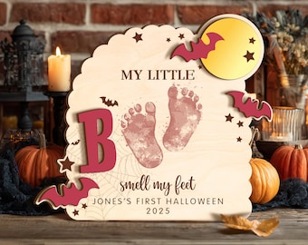 Halloween-Fußabdruck oder Handabdruck-Kunstzeichen, Süßes oder Saures, My Little Boo-Zeichen, Babys erstes Halloween-Fußabdruck-Andenken, hölzernes Kinderhandwerk