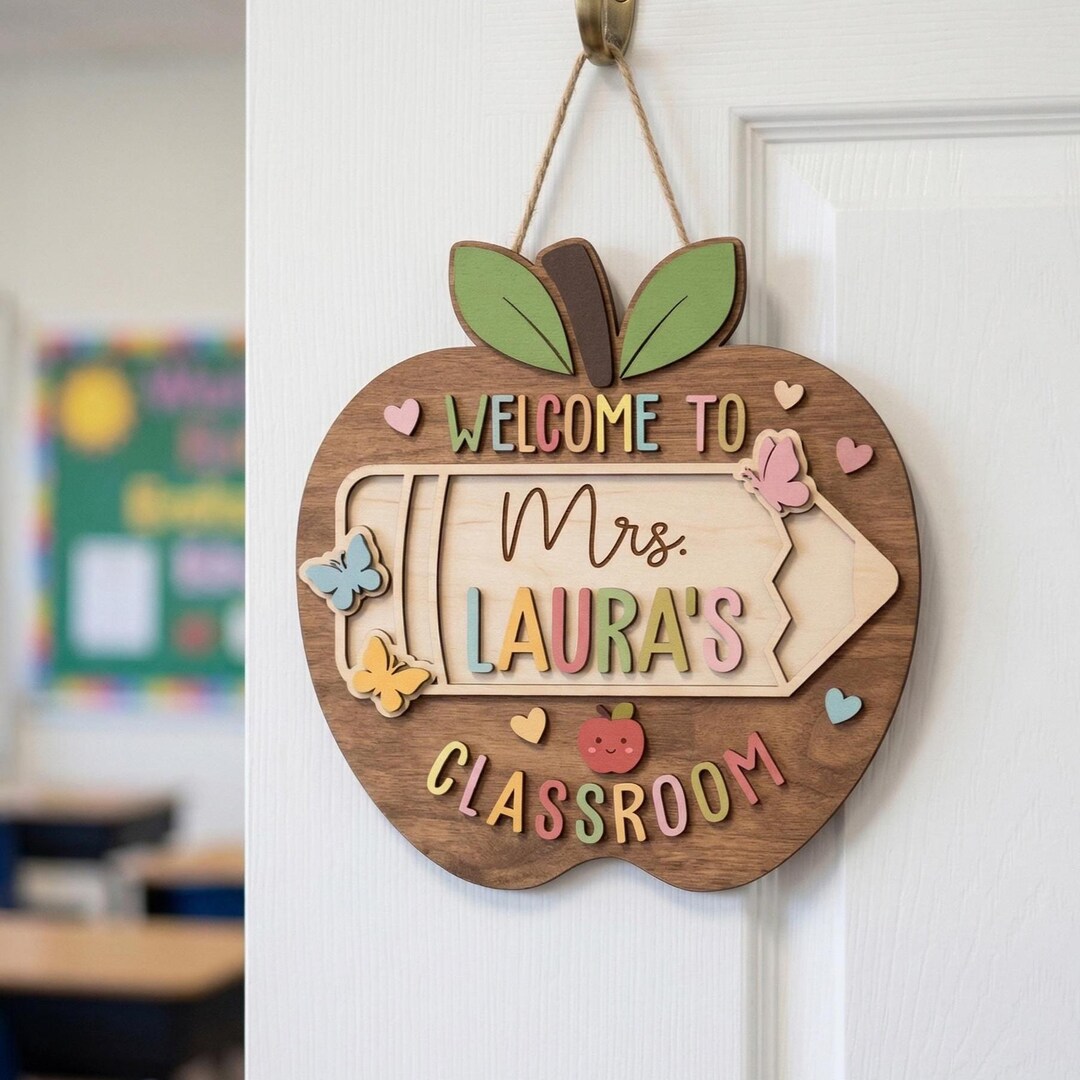 Personalized Teacher Apple Name Sign, 3D Door Hanger, Classroom Decor ...