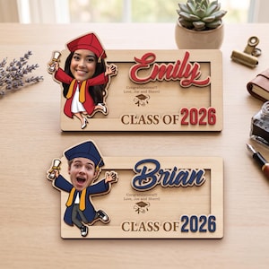 May include: Two wooden graduation photo frames. One frame features the name "Emily" in red script, the text "Class of 2026", and a cartoon image of a graduate. The other frame has the name "Brian" and the same text and cartoon image.