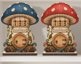 May include: Two mushroom-shaped wooden decorations. One has a blue cap with white spots, the other a red cap. Each features a door, a sign reading "SOPHIA'S LIBRARY", and a number display showing "125". Decorative shelf decor.