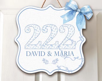Custom Dorm Door Sign, Personalised Chinoiserie Room Number Plaque, Blue Floral Room Number Plaque, Elegant College Dorm Decor