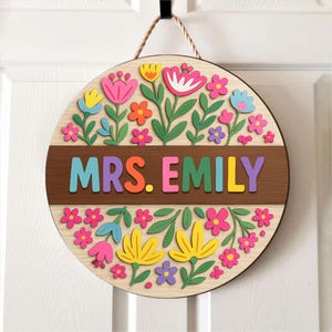 Aangepaste 3D leraar deurhanger, cadeau voor leraar, bloemen leraar naam deurhanger, klasdecor, terug naar school cadeau, welkomstbord leraar