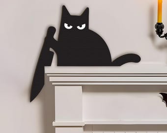 Funny Black Cat Decor Sign, Cat With Knife Door Corner, Door Frame Decor, Halloween Door Corner Wood Sign, Cat Door Topper, Christmas Gift