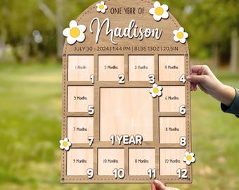Personalized Floral Baby First Year Photo Frame, One Year of Photo Board, Wooden 1st Birthday Milestone Board First Birthday Decorations