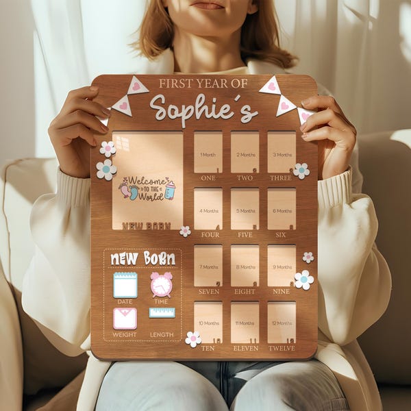 Baby First Year Picture Frame, Personalized Baby Photo Collage, Monthly Milestone Frame, Newborn Memory Keepsake, Baby Shower Gift, Birthday