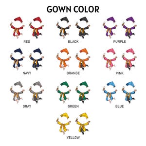 May include: An illustration titled "GOWN COLOR" displays pairs of cartoon graduates in various gown colors: red, black, purple, navy, orange, pink, gray, green, blue, and yellow. Each graduate holds a diploma and wears a cap.