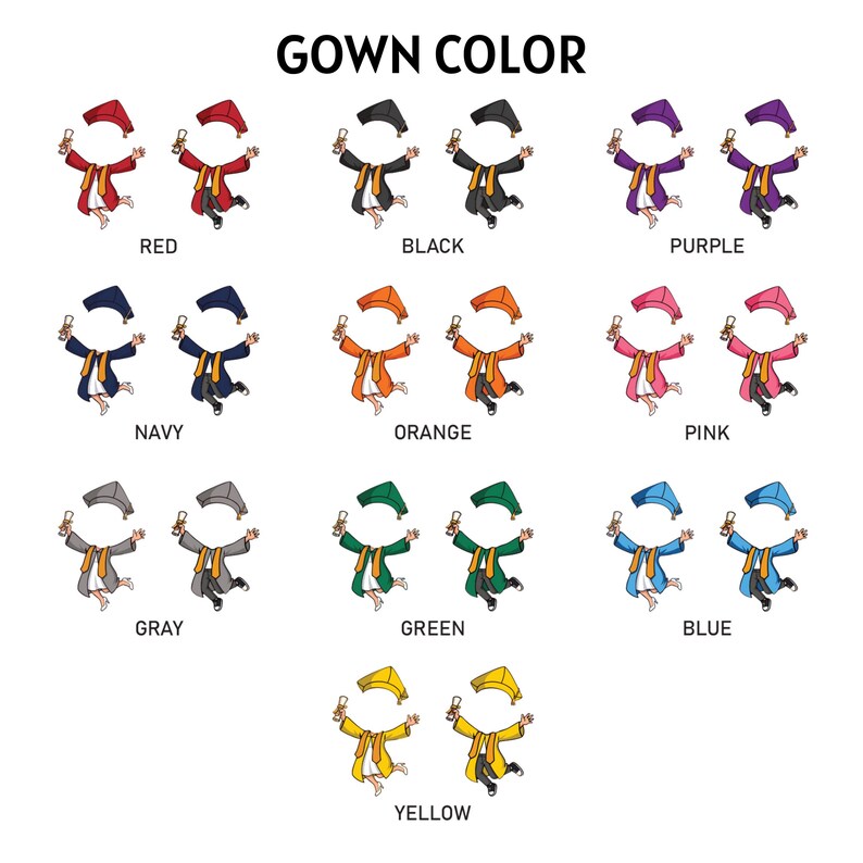 May include: An illustration titled "GOWN COLOR" displays pairs of cartoon graduates in various gown colors: red, black, purple, navy, orange, pink, gray, green, blue, and yellow. Each graduate holds a diploma and wears a cap.