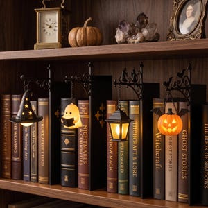 Puede incluir: Un conjunto de cuatro sujetalibros de metal negro con brazos de volutas decorativas que sostienen adornos iluminados colgantes: un sombrero de bruja, un fantasma leyendo un libro, un farol y una calabaza con alas de murciélago entre libros.