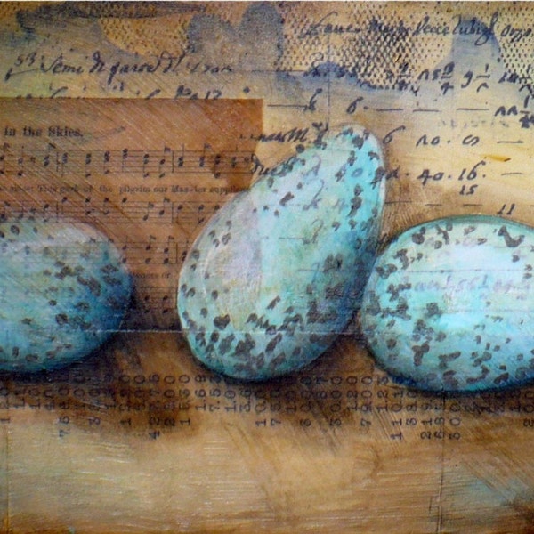 Blue Speckled Eggs, Original Mixed Media Painting