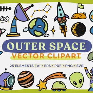 Outer Space Vector Clipart, Space ship, Alien, Cartoon