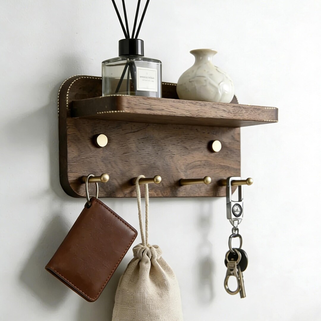 Walnut Key Rack Walnut Key Rack Shelf: Magnetic Key Holder, Brass Hooks - Etsy