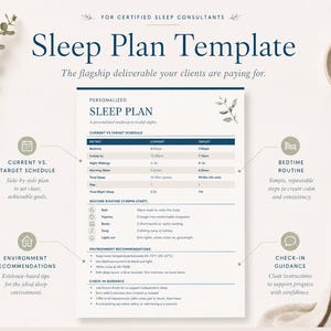 May include: A sleep plan template with a personalised sleep plan layout. The template includes sections for current vs. target schedules, environment recommendations, and a bedtime routine. The text includes "Sleep Plan Template" and "Sleep Plan".