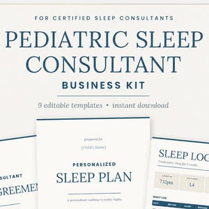 Könnte beinhalten: Ein Business-Kit für pädiatrische Schlafberater. Das Kit enthält editierbare Vorlagen für eine Servicevereinbarung, einen Schlafplan und ein Schlaftagebuch. Das Design ist weiß mit marineblauem Text und Blättermotiven.