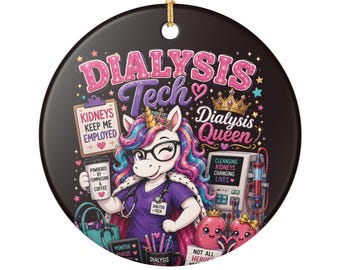 Adorno de cerámica de unicornio técnico de diálisis / Decoración médica de enfermera titulada "Reina de la diálisis"